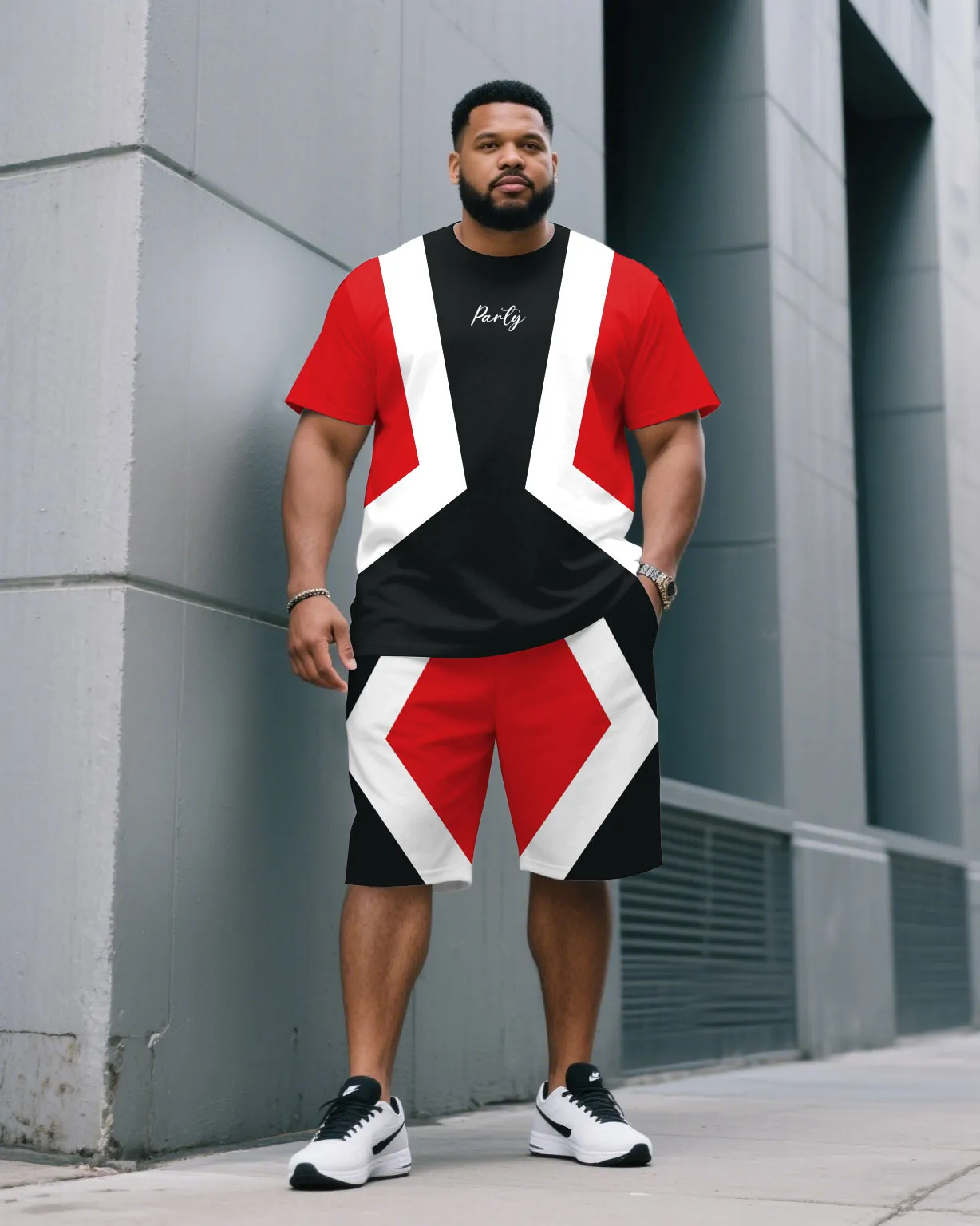 Men's Plus Size White & Red & Black Fashion Colorblock Crewneck Short-sleeved T-shirt Shorts Suit sold by Biggmans