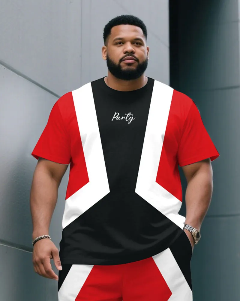 Men's Plus Size White & Red & Black Fashion Colorblock Crewneck Short-sleeved T-shirt Shorts Suit sold by Biggmans product image thumbnail 2