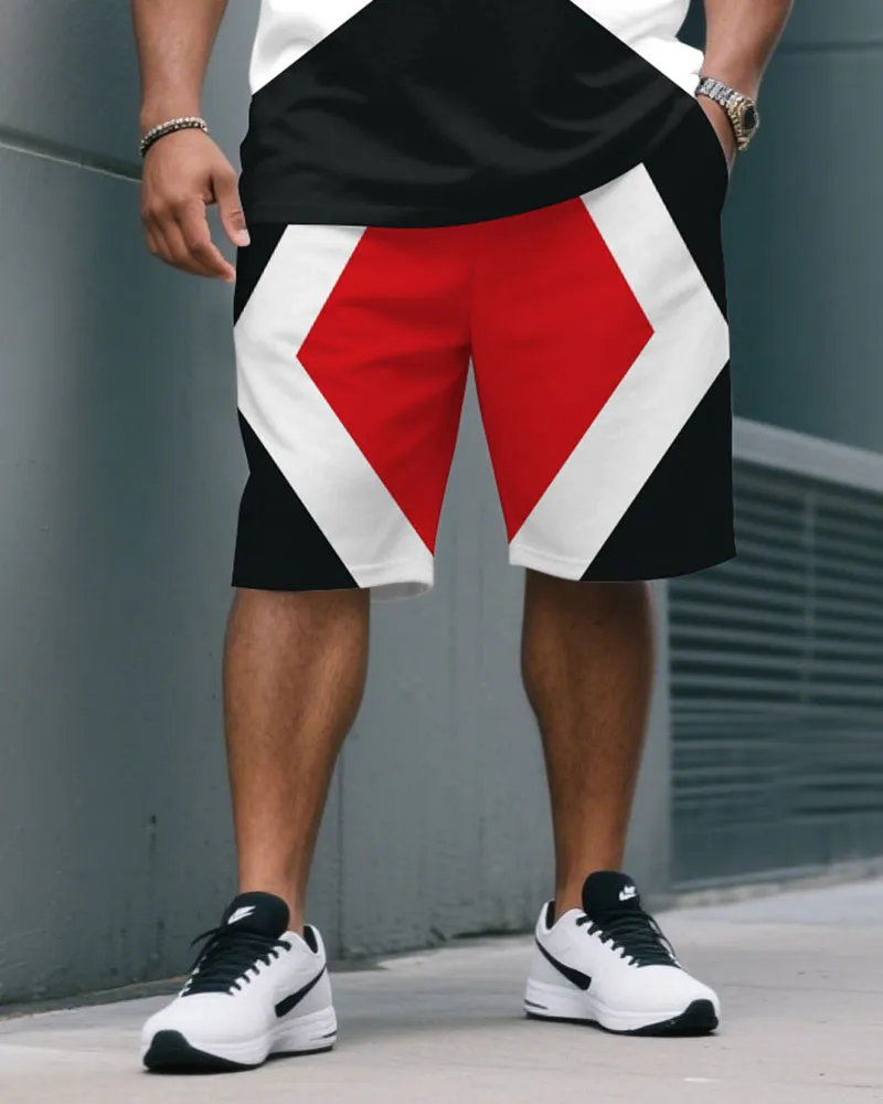 Men's Plus Size White & Red & Black Fashion Colorblock Crewneck Short-sleeved T-shirt Shorts Suit sold by Biggmans product image thumbnail 3