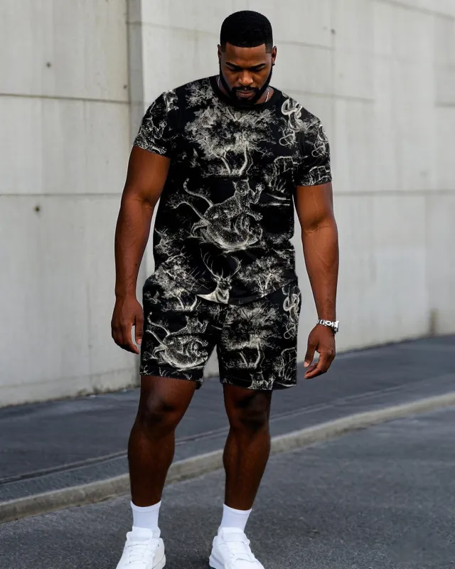 Big & Tall Men Black Animal Forest Full Size Printed Loose Round Neck Short Sleeve T-Shirt Shorts Suit sold by Biggmans