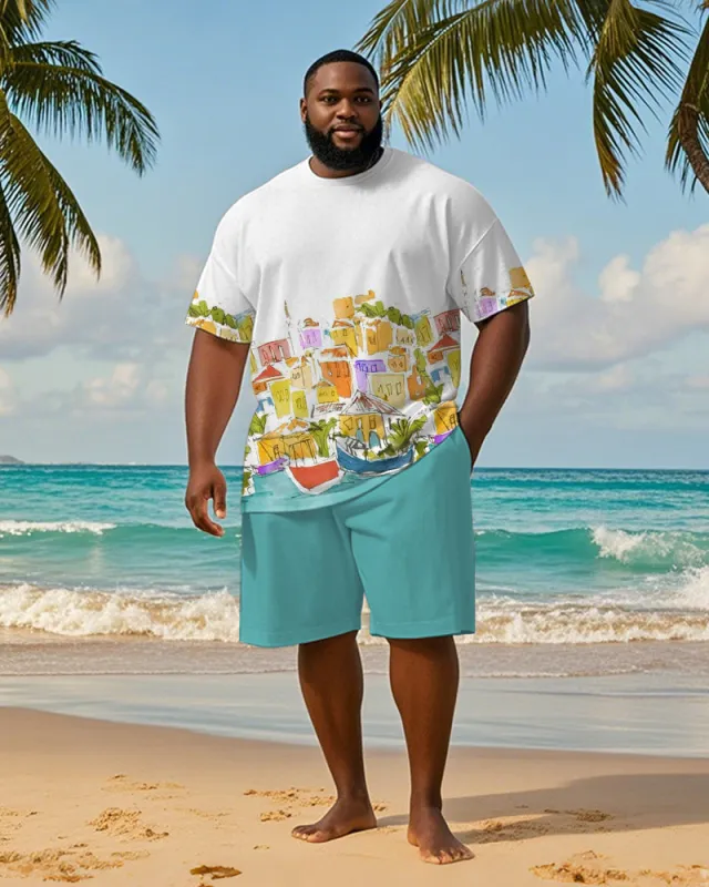 Big & Tall Men's Hawaiian Color Graffiti House Printed Crewneck Short Sleeve T-Shirt Shorts Suit sold by Biggmans