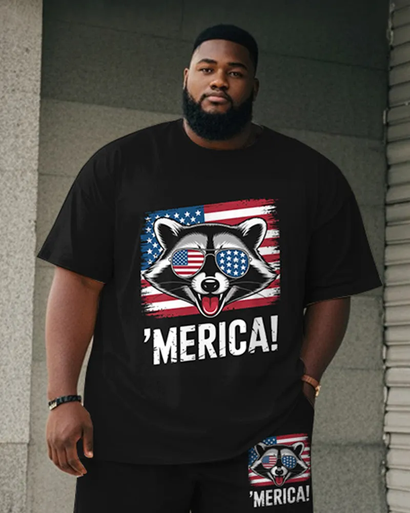 Big & Tall Men's Independence Day Raccoon With Sunglasses Letter Print Round Neck Short Sleeve T-Shirt Shorts Suit sold by Biggmans product image thumbnail 2