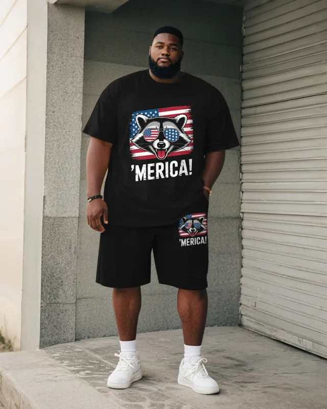 Big & Tall Men's Independence Day Raccoon With Sunglasses Letter Print Round Neck Short Sleeve T-Shirt Shorts Suit sold by Biggmans