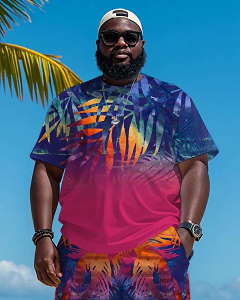 Big & Tall Men's Hawaiian Purple Gradient Leaf Print Round Neck Short Sleeve T-Shirt Shorts Suit sold by Biggmans product image thumbnail 2