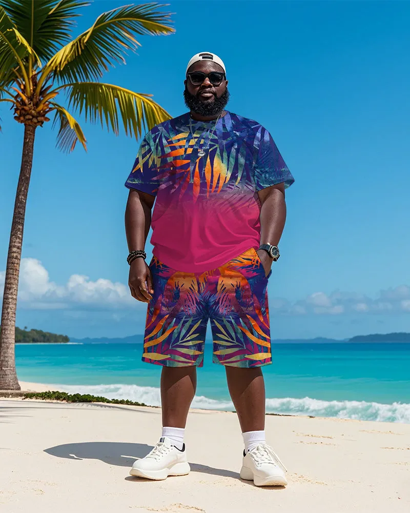 Big & Tall Men's Hawaiian Purple Gradient Leaf Print Round Neck Short Sleeve T-Shirt Shorts Suit sold by Biggmans