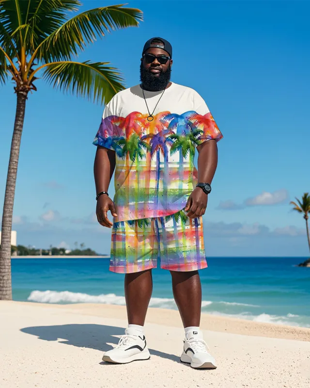 Big & Tall Men's Hawaiian Color Plaid Coconut Graffiti Print Round Neck Short Sleeve T-Shirt Shorts Suit sold by Biggmans
