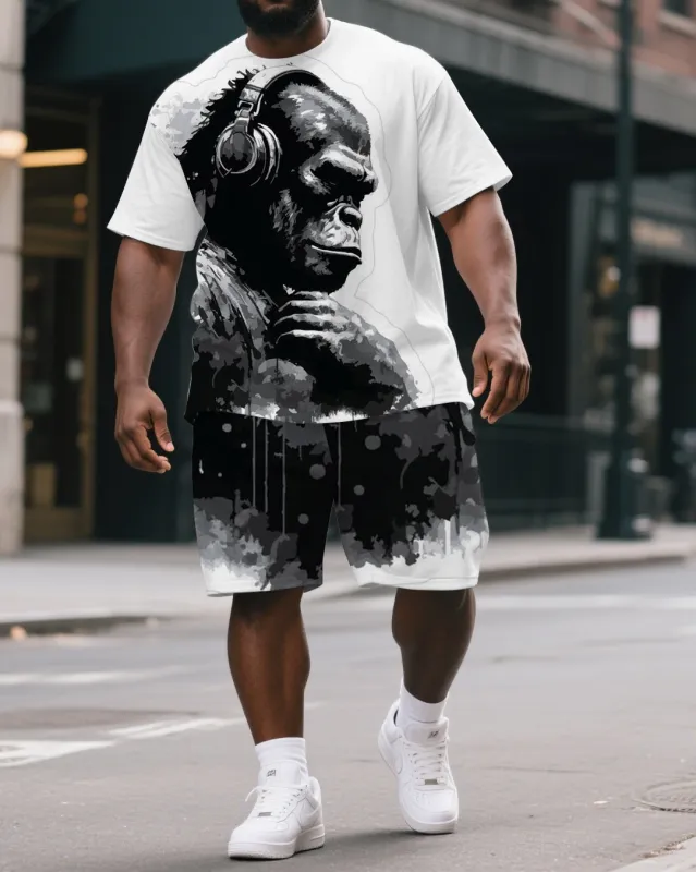 Big & Tall Men's Thinking Gorillas Music Print Casual Street Short-Sleeved T-shirt and Short Set sold by Biggmans