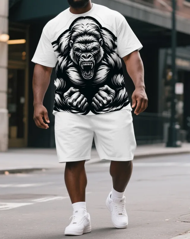 Men's Roaring Gorillas Cartoon Print Big & Tall Laid-back Short-Sleeve T-shirt & Short Set sold by Biggmans