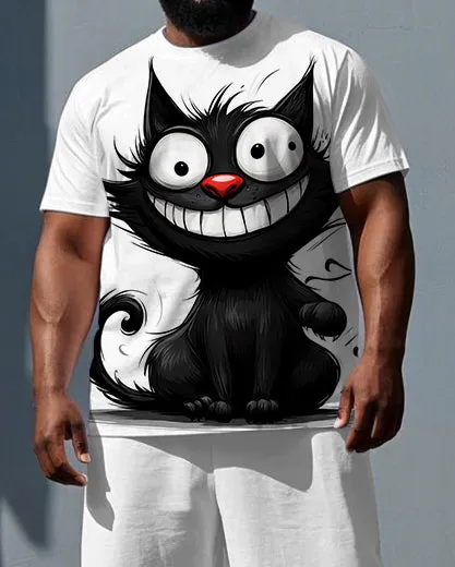 Big & Tall Men's Simple Funny Black Cat Print Breathable Short-Sleeve T-shirt and Shorts Set sold by Biggmans product image thumbnail 2