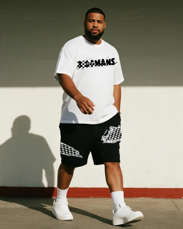 Big & Tall Men's Black And White Graffiti Checkerboard BIGGMANS Letter Printed Round Neck Short Sleeve T-Shirt Shorts Suit sold by Biggmans