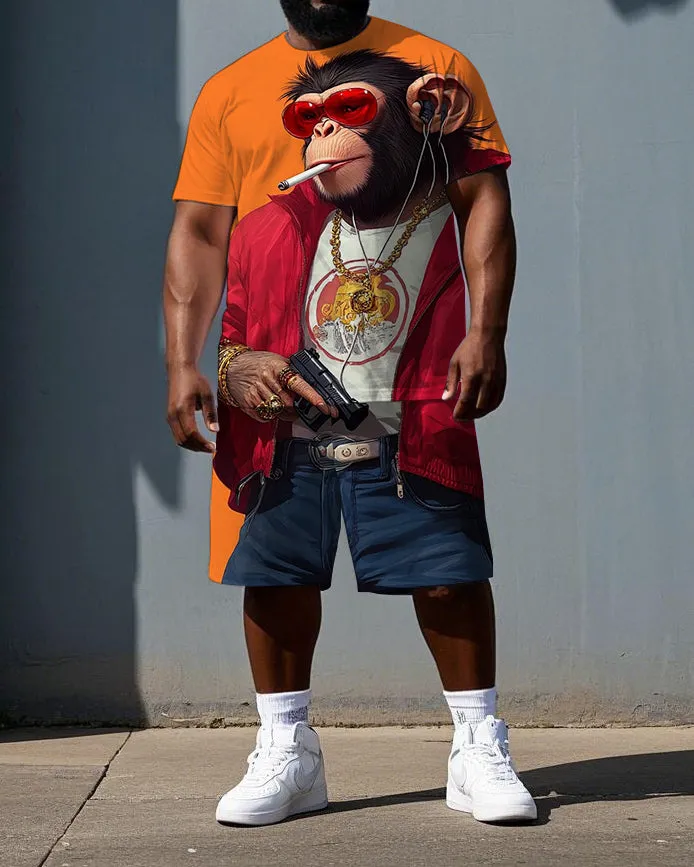 Big & Tall Men's Hip Hop Gorillas with Gun Printed Summer Short Sleeve T-shirt and Short Set sold by Biggmans