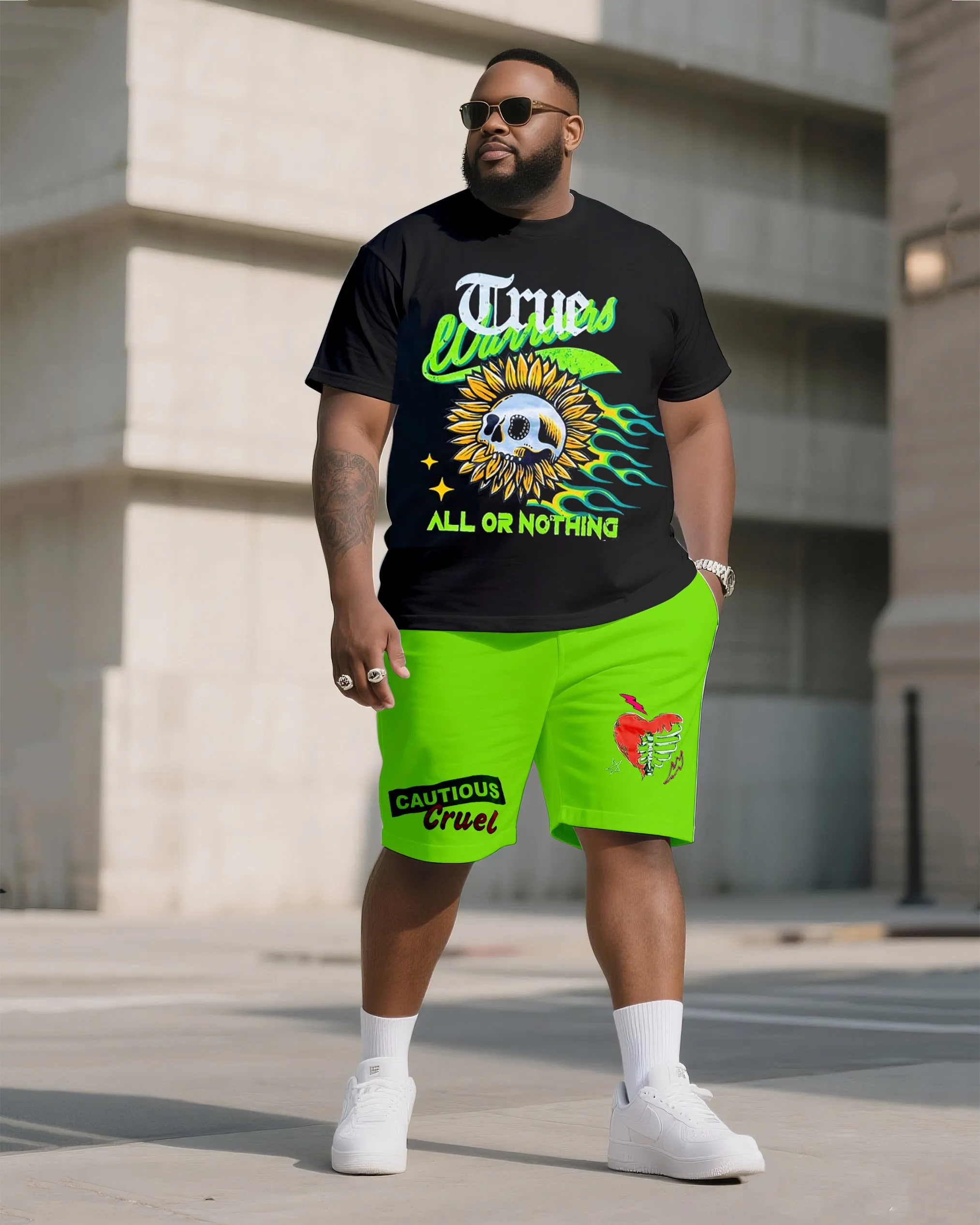 Big & Tall Men's Street Fashion ALL OR NOTHING Skull Print Crewneck T-Shirt Shorts Suit sold by Biggmans