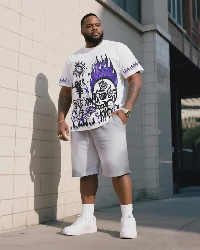 Big & Tall Men's Street Fashion Skull DAY Graffiti Print Crewneck T-Shirt Shorts Suit sold by Biggmans