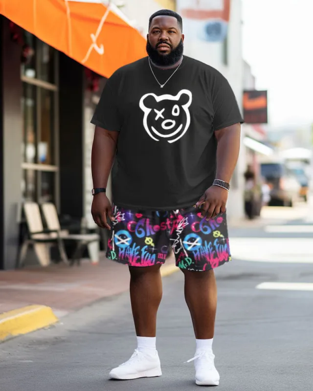 Men's Plus Size Street Cartoon Bear Summer Graffiti Short Sleeve Shorts Suit sold by Biggmans
