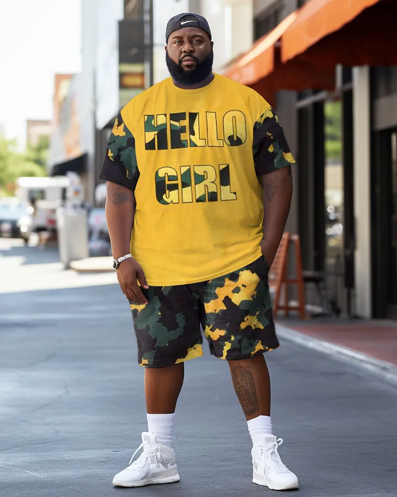 Men's Plus Size Street Hello Girl Color Block Graffiti Short Sleeve Shorts Set sold by Biggmans