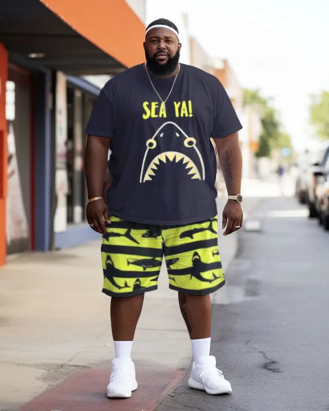 Men's Plus Size Street Sea Ya! Shark Color Block Graffiti Short Sleeve Shorts Set sold by Biggmans