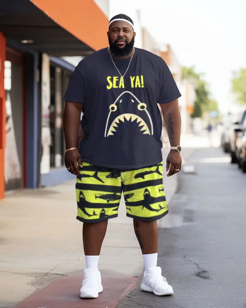 Men's Plus Size Street Sea Ya! Shark Color Block Graffiti Short Sleeve Shorts Set sold by Biggmans
