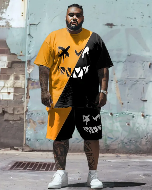 Printed Men's Plus Size Simple Color Matching Smiley Face Pattern Printed T-shirt Shorts Suit made by Biggmans