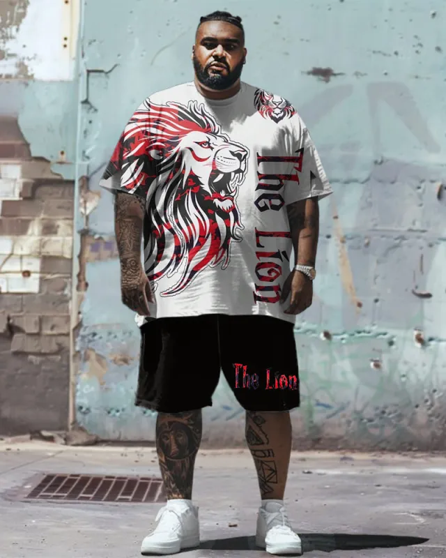 Printed Front And Back Men's Plus Size Lion Alphabet Print T-Shirt Shorts Suit sold by Biggmans