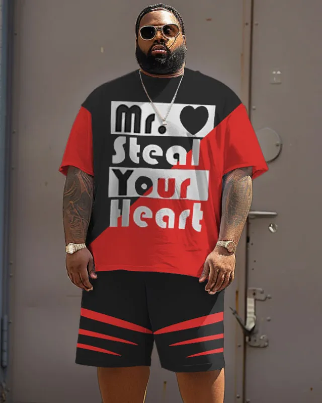 Men's Plus Size Street Casual Colorblock Steal Your Heart Letter Print T-Shirt Shorts Suit sold by Biggmans