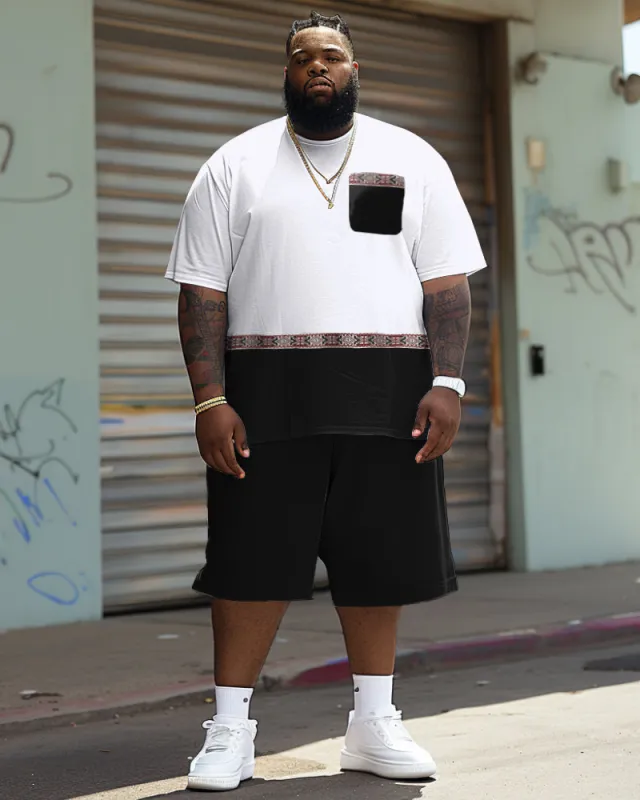 Men's Plus Size Simple Casual Stitching Ethnic Printing Pocket T-shirt Shorts Suit sold by Biggmans