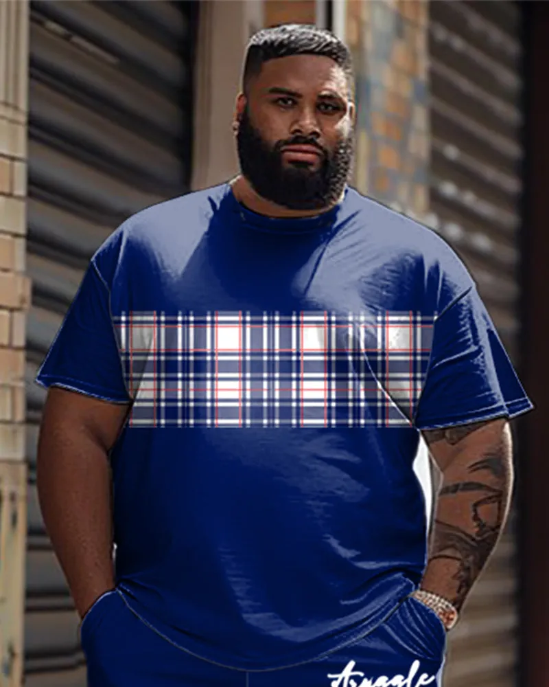 Men's Plus Size Casual Simple Plaid Patchwork Letter Printed T-shirt Shorts Suit sold by Biggmans product image thumbnail 2