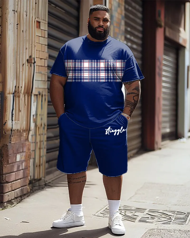 Men's Plus Size Casual Simple Plaid Patchwork Letter Printed T-shirt Shorts Suit sold by Biggmans