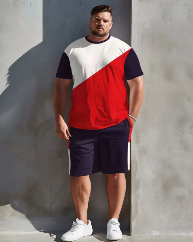 Men's Plus Size Casual Simple Color-block Printed T-shirt Shorts Suit sold by Biggmans