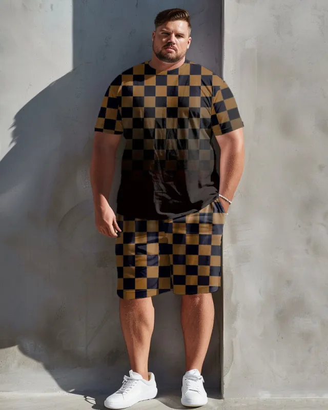 Men's Plus Size Casual Simple Plaid Gradient Print T-shirt Shorts Suit sold by Biggmans