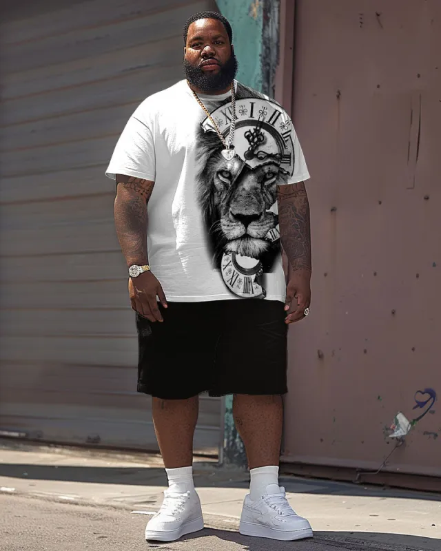 Men's Plus Size Street Casual Clock Lion Print T-Shirt Shorts Suit sold by Biggmans