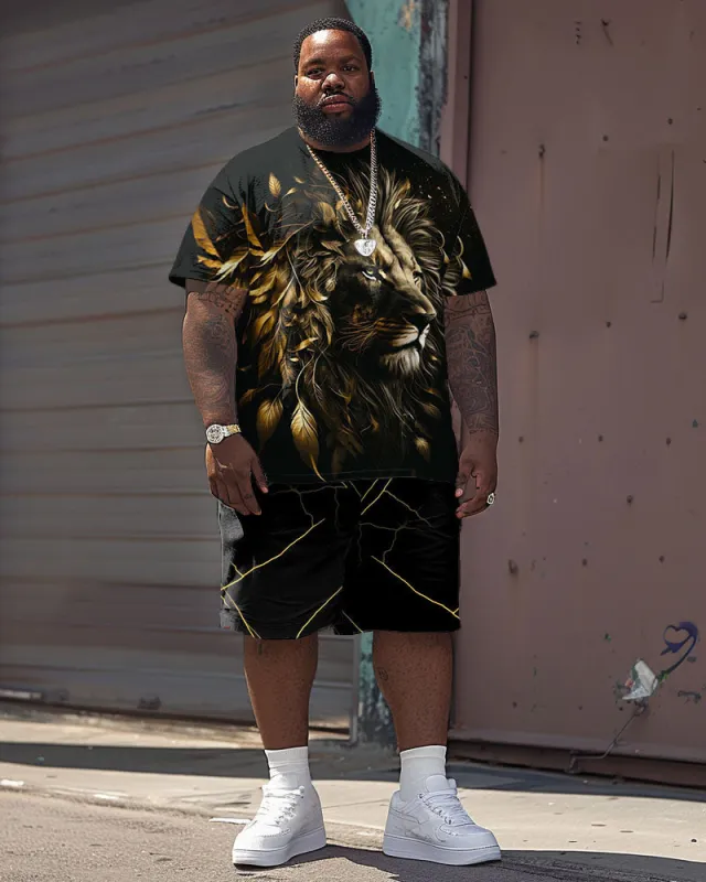 Men's Plus Size Street Casual Golden Painting Lion Print T-Shirt Shorts Suit sold by Biggmans