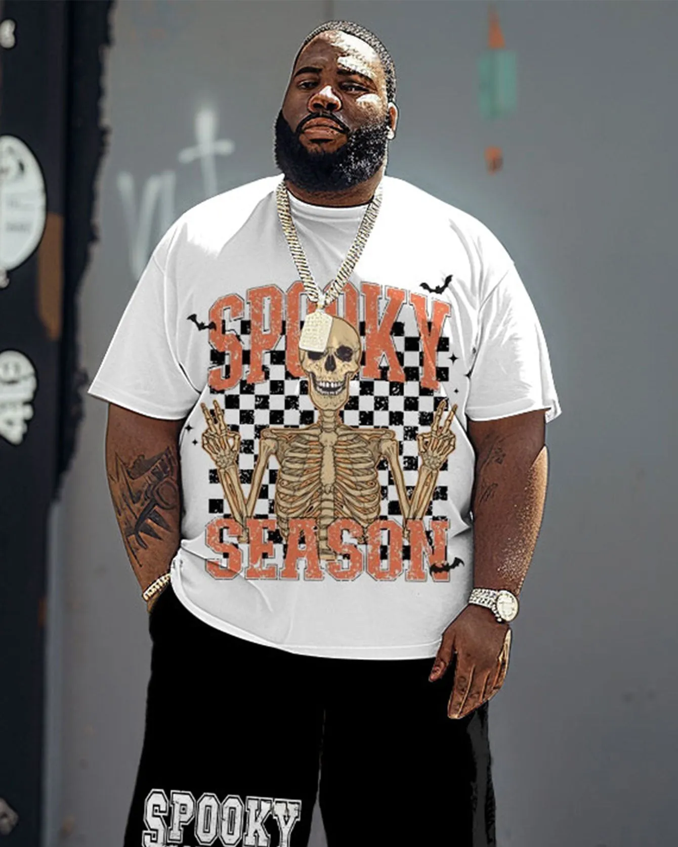 Men's Plus Size Spooky Season Checkerboard Print T-Shirt Shorts Suit sold by Biggmans product image thumbnail 2