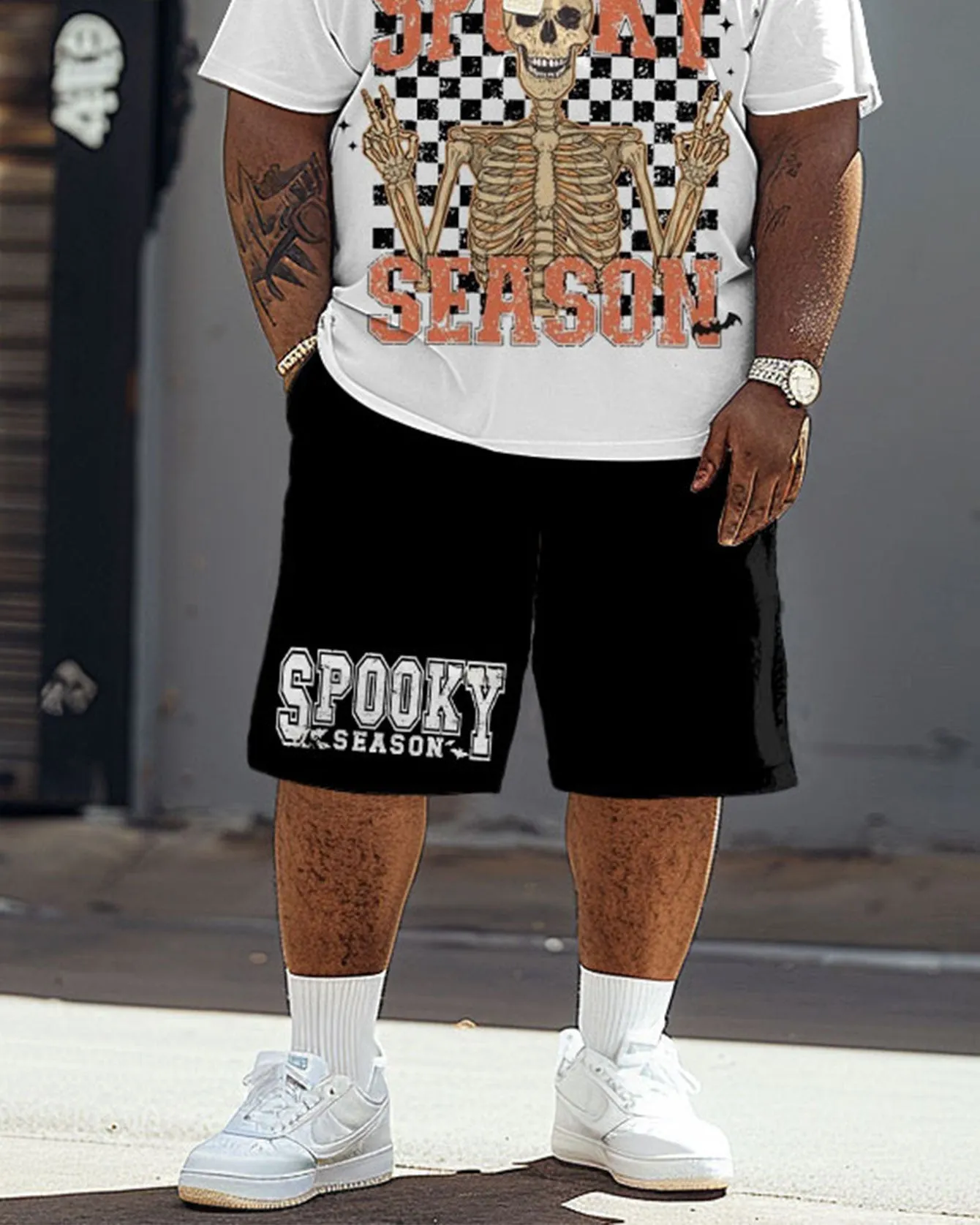 Men's Plus Size Spooky Season Checkerboard Print T-Shirt Shorts Suit sold by Biggmans product image thumbnail 3