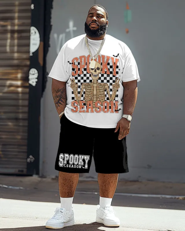 Men's Plus Size Spooky Season Checkerboard Print T-Shirt Shorts Suit made by Biggmans
