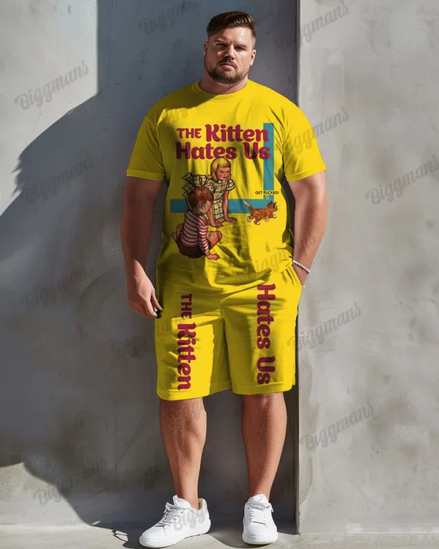 Men's Plus Size The Kitten Hates Us Printed T-shirt Shorts Suit sold by Biggmans