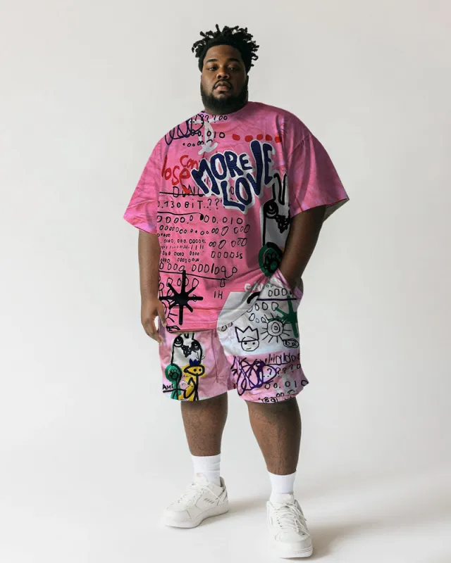 Men's Plus Size Street Pink Graffiti Print Short Sleeve T-Shirt Shorts Suit sold by Biggmans