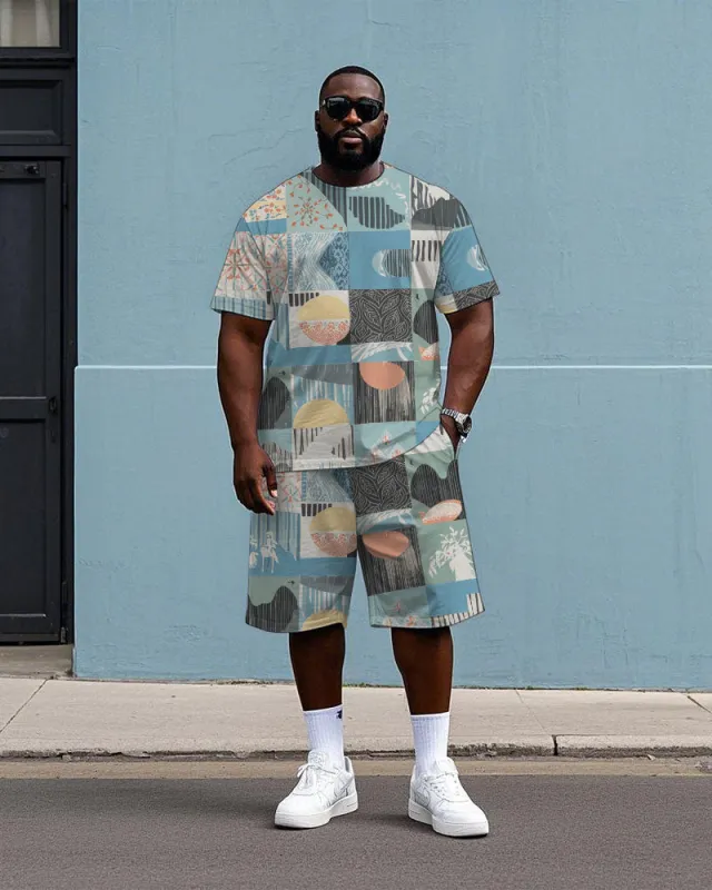 Men's Big Size Funny Splicing Plaid Print Hawaiian Short Sleeve T-Shirt and Shorts Set sold by Biggmans