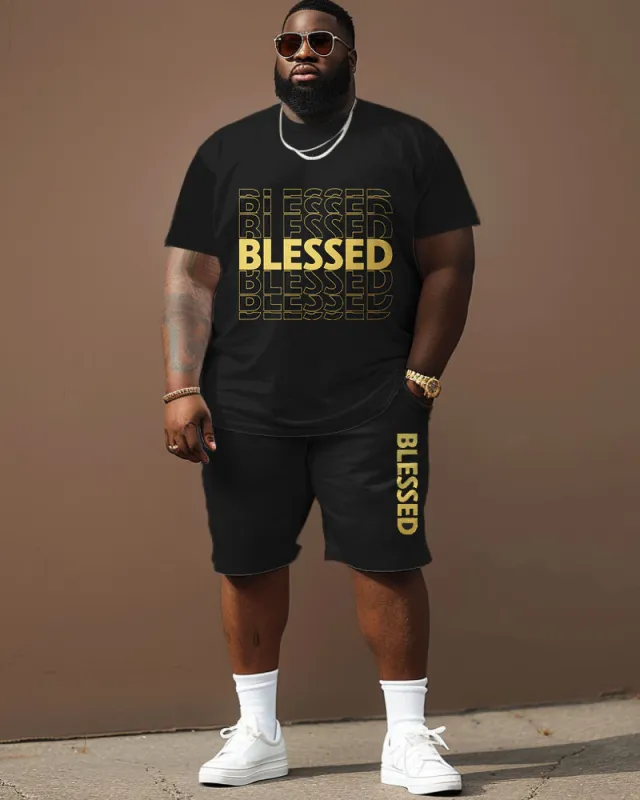Men's Plus Size Gold Letters Blessed Print Short Sleeve T-Shirt Shorts Suit sold by Biggmans