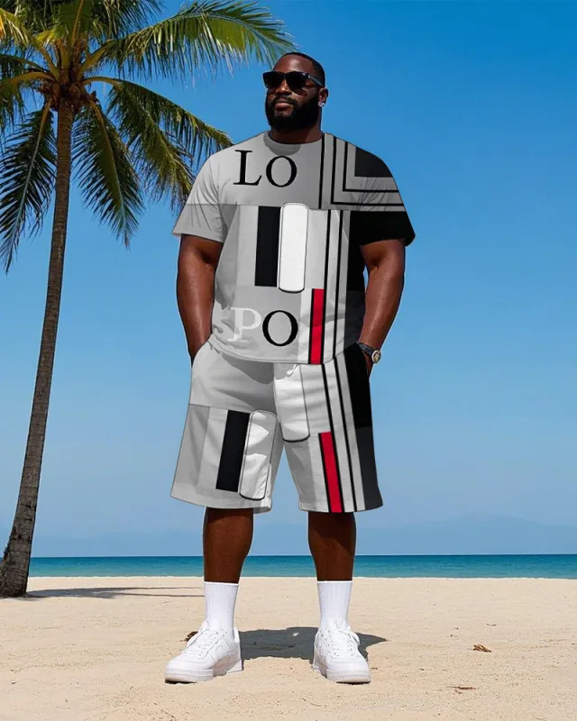 Big Men's POLO Gradient Geometric Color Block Printed Short Sleeve T-Shirt and Shorts Set sold by Biggmans