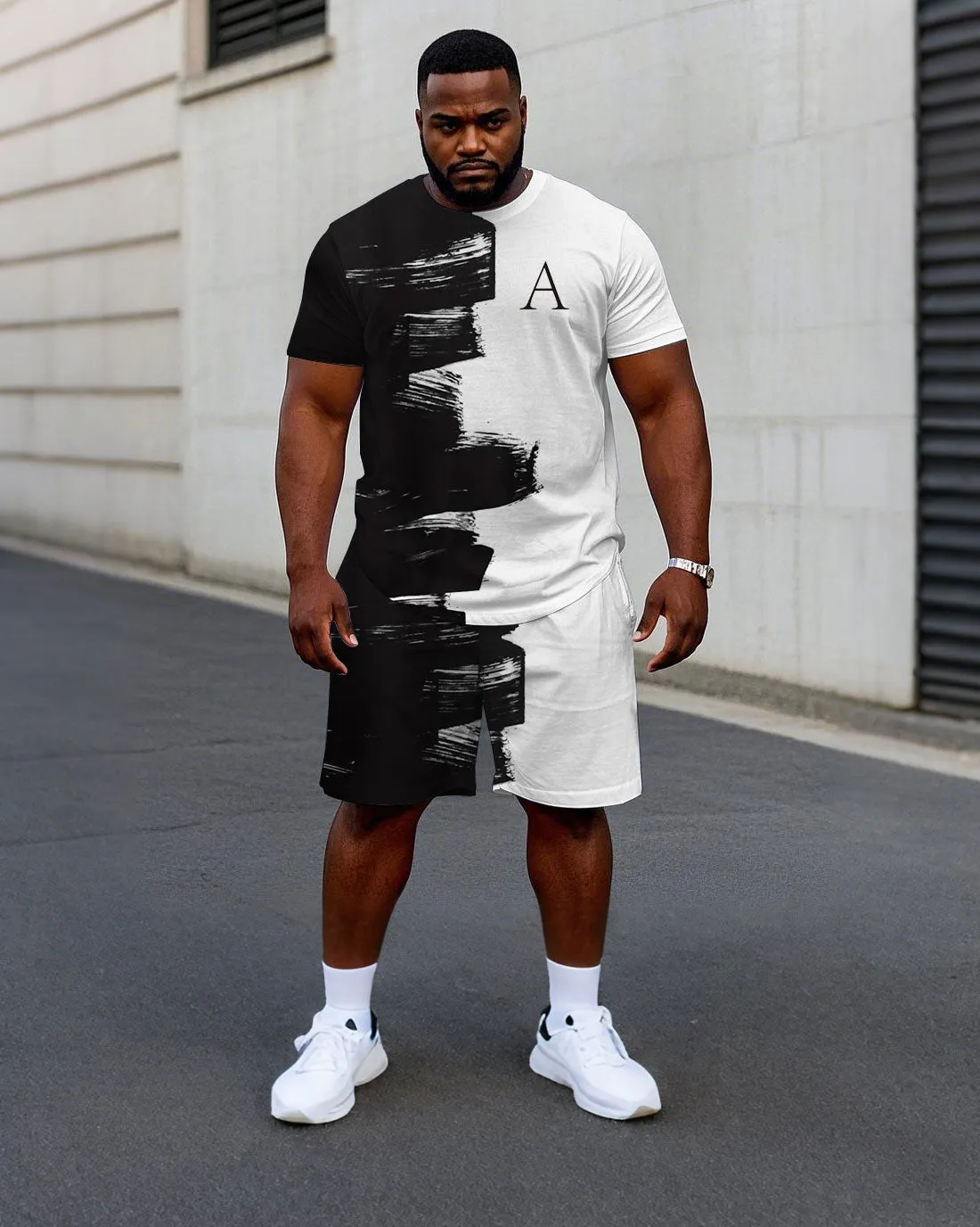Men's Plus Size Street Fashion Brush Chest Letter Print Short Sleeve T-Shirt Shorts Suit sold by Biggmans