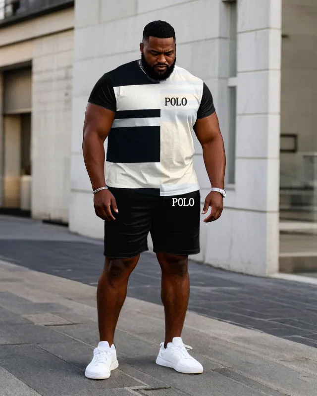 Men's Plus Size Casual Black Colorblock Chest Small Label Printed Short-sleeved T-shirt Shorts Suit sold by Biggmans