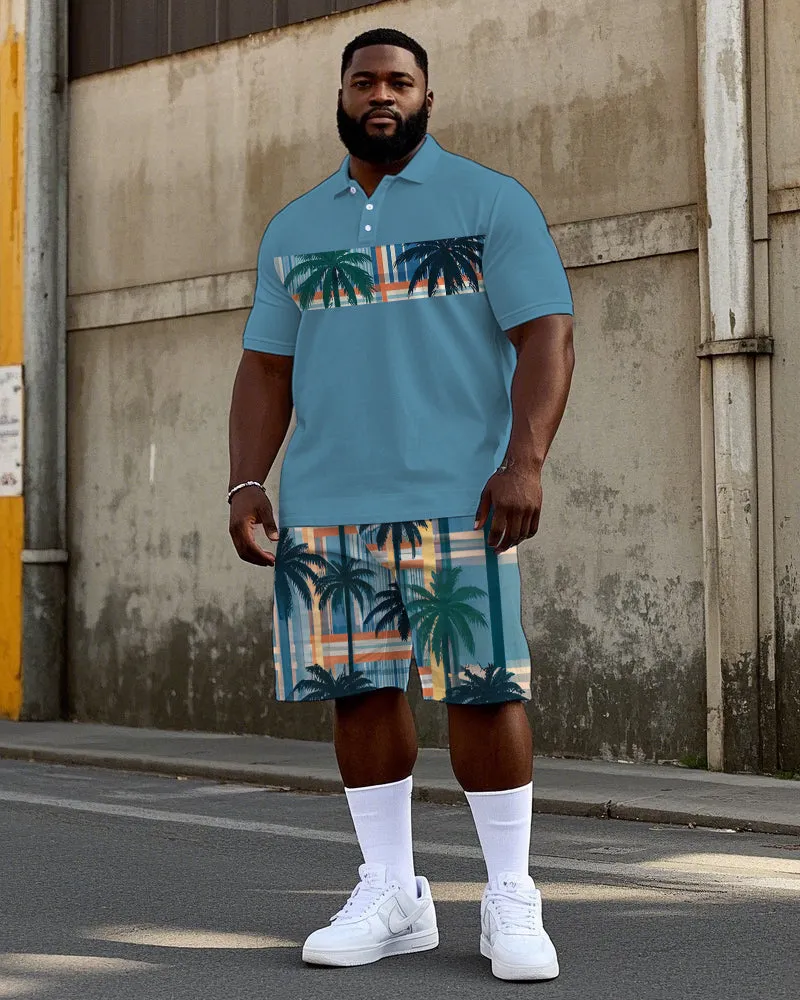 Big Men's Hawaiian Coconut Tree Geometric Pattern Printed Short Sleeve Polo Shirt Shorts Set sold by Biggmans