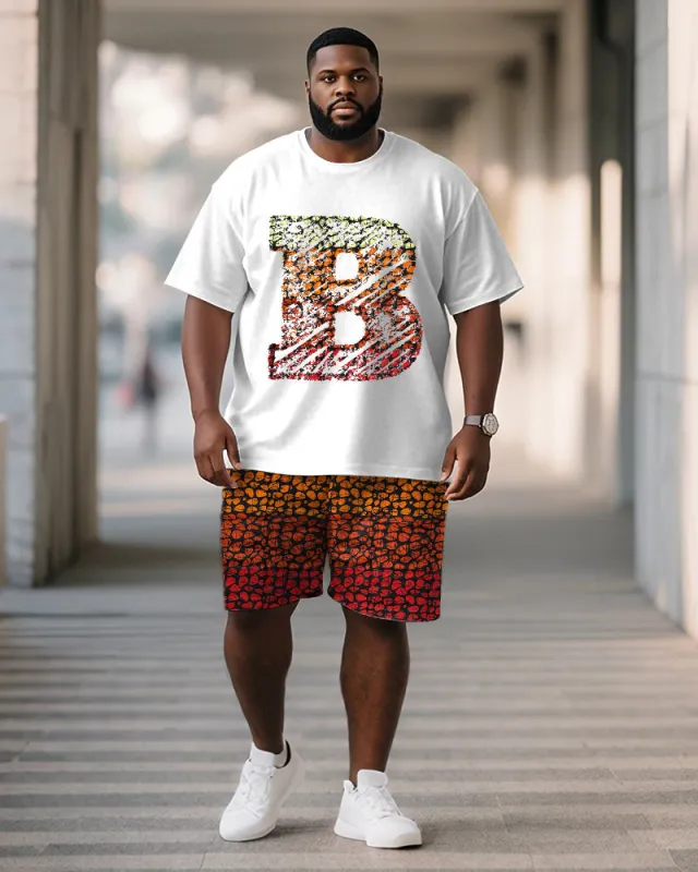 Men's Plus Size Orange Geometric B Letter Print Short Sleeve T-Shirt Shorts Suit sold by Biggmans