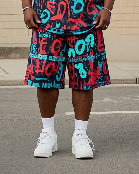 Plus Size Men's Irregular Creative Personality Graffiti English Printed T-shirt Shorts Suit sold by Biggmans product image thumbnail 3