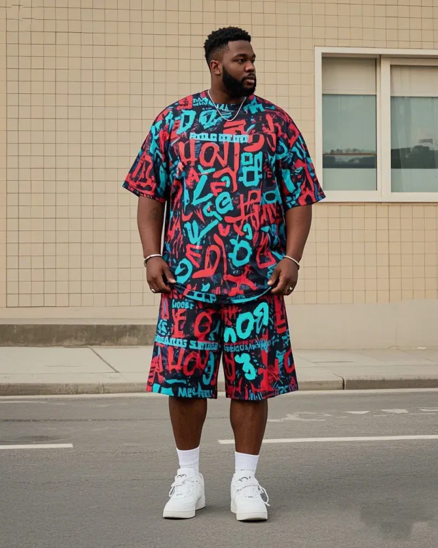 Plus Size Men's Irregular Creative Personality Graffiti English Printed T-shirt Shorts Suit sold by Biggmans