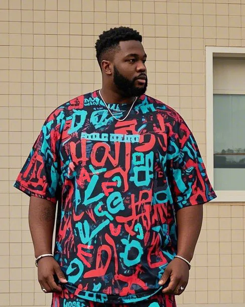 Plus Size Men's Irregular Creative Personality Graffiti English Printed T-shirt Shorts Suit sold by Biggmans product image thumbnail 2