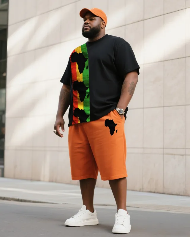 Men's Plus Size Black With Hermes Orange Creative Stripe African Figure Print T-Shirt Shorts Suit sold by Biggmans