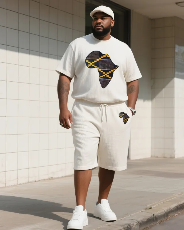 Men's Plus Size Beige Creative African Print T-Shirt Shorts Suit sold by Biggmans