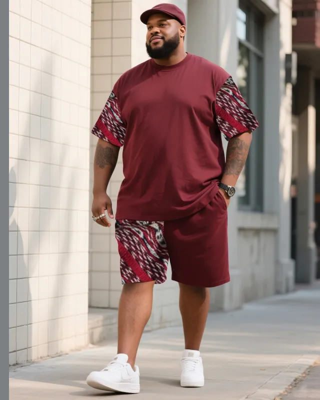 Men's Plus Size Bordeaux Red Creative Striped Print T-shirt Shorts Suit sold by Biggmans