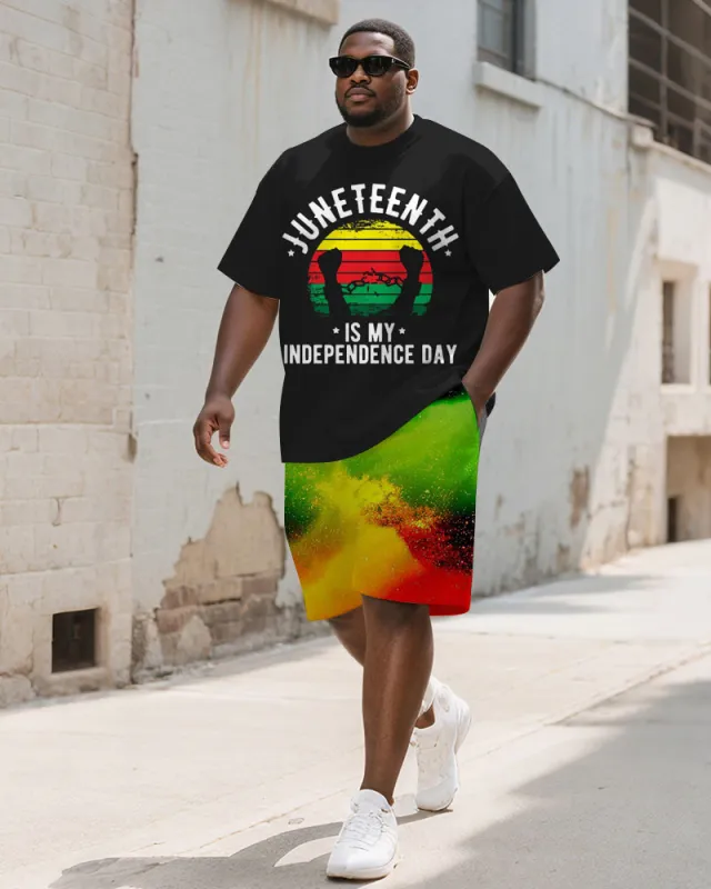 Men's Plus Size Juneteenth Letter Print Round Neck Short Sleeve T-Shirt Shorts Suit sold by Biggmans